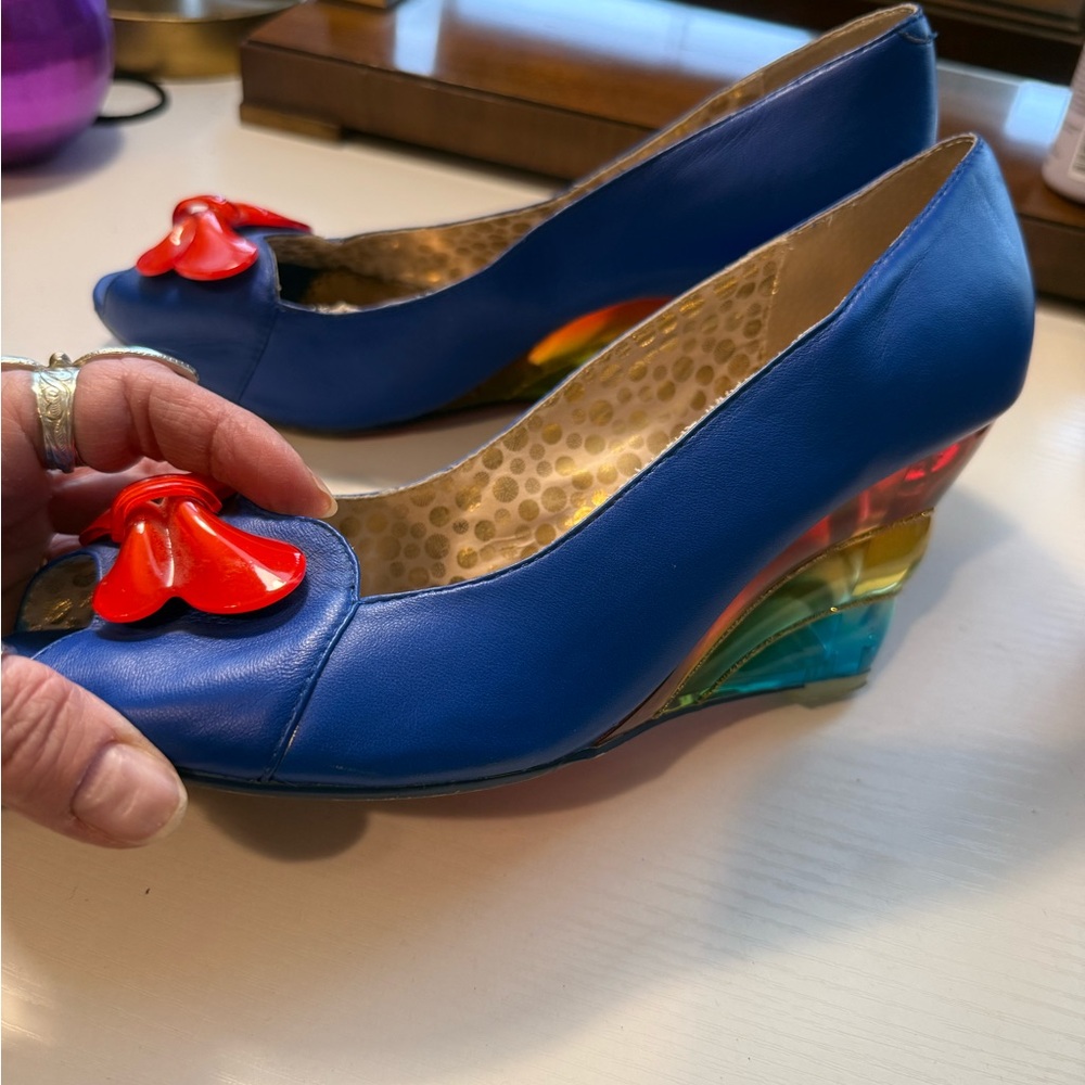 Poetic License Blue Wedges with Red Floral Accent & Rainbow Acrylic Wedge size 9
